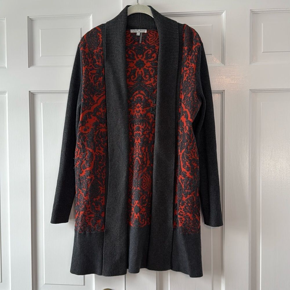 ALBERTO MAKALI SHAWL COLLAR LONG CARDIGAN SWEATER ORANGE GRAY WOOL LARGE